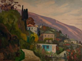 Zagora, View with Cypresses, Green House, Afternoon — Oil painting, Canvas, 46.00×61.00cm — Theodoros Markellos